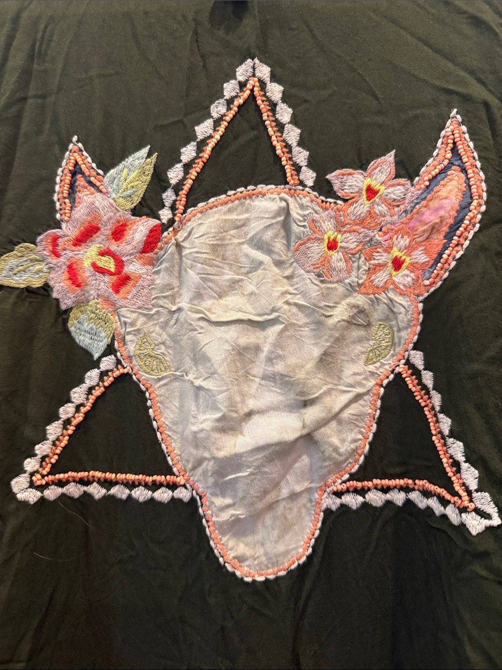 Olive Green Embroidered Utility Jacket with Multicolor Trim - Picture 8 of 13